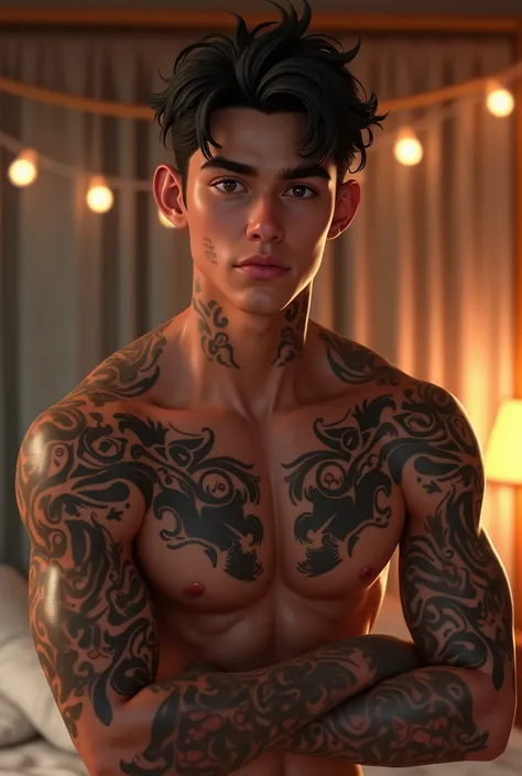 
a young man AI high quality muscular tattoo with name ruy tanned skin piercing gaze pink mouth with realistic animated bedroom background