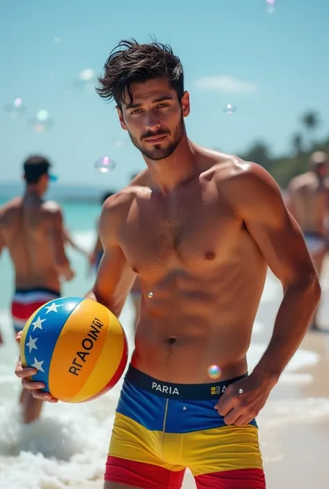 A handsome 27-year-old tall white young man in a mens fashion show on the beach shore wearing a de bandera paraguay swimsuit with a beach ball in his hand. Many people applaud him and bubbles are around him. Tight boxer shorts in the colors De paraguay fla...