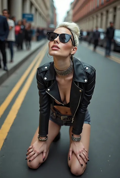 russian milf woman, platinum blonde hair (huge top bun) and sunglasses as headband (big maxi glasses), with very light blue eyes, extremely pale. Wearing cropped black moto jacket, black bra, dark grey jeans and pointy Chelsea boots with cuban heels . Lots...