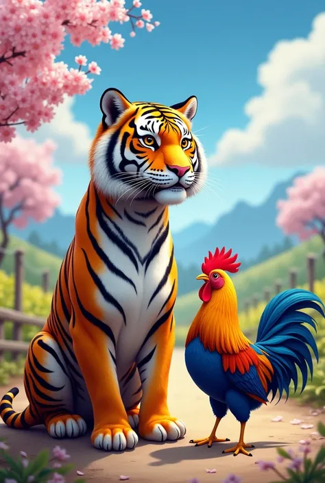 A tiger wearing colors of South Korea with a chicken wearing colors of France