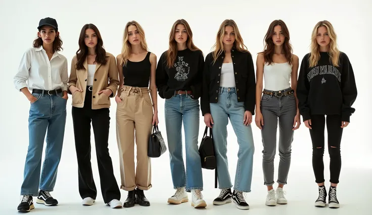 color photo of 6 stylish women with diverse outfits,
1st woman: denim jeans, white shirt, sneakers, cap,
2nd woman: trousers, black hoodie, boots, belt,
3rd woman: skirt, tank top, sneakers, crossbody bag,
4th woman: jeans, graphic tee, denim jacket, sneak...