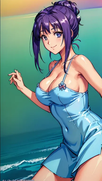 ((masterpiece, Highest quality, Highest quality, Official Art, beautifully、beautiful:1.2)),((masterpiece)),((Vibrant colors)),((Ayako Katagiri)),((幸せそうなsmile)),((smile)),((looks fun)),(Seaside),(Big Breasts),(((Side bust))),(sunset),(Skin exposed),(Cool)