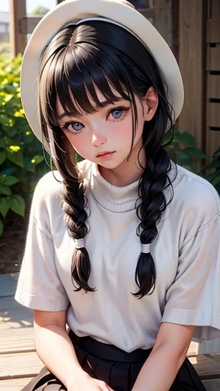 One Woman, alone, alone Focus, Cowboy Shot, Portraiture,Beaver,((Black Hair)), Braiding, Very beautiful eyes, work, White knit, (Small TI quality, Very detailed,uniform,(((Being touched by many women)))