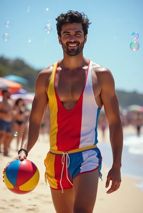 A handsome 27-year-old tall white young man in a mens fashion show on the beach shore wearing a de bandera paraguay swimsuit with a beach ball in his hand. Many people applaud him and bubbles are around him. Tight boxer shorts in the colors De paraguay roj...