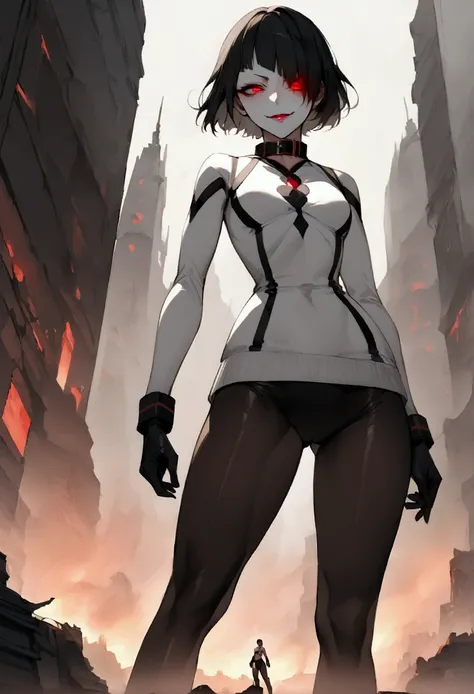 fully body,standing,alone,short hair,work of art,face detailed,young fitness linda,Wearing black pantyhose,tight white sweater with collar ,neckleace,evil smile,red eyes glowing,labiaa,eye shadow,bangs on the eyes,black gloves,background city
