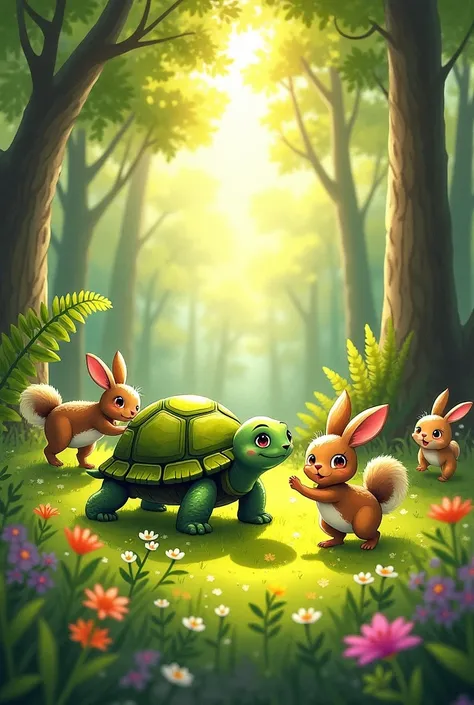 A little turtle,  and many other forest animals that play for a childrens book 