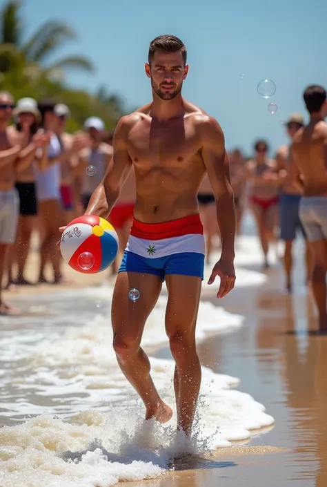 A handsome 27-year-old tall white young man in a mens fashion show on the beach shore wearing a de bandera paraguay swimsuit with a beach ball in his hand. Many people applaud him and bubbles are around him. Tight boxer shorts in the colors De paraguay roj...