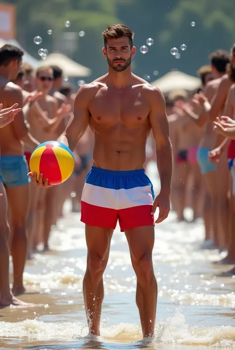 A handsome 27-year-old tall white young man in a mens fashion show on the beach shore wearing a de bandera paraguay swimsuit with a beach ball in his hand. Many people applaud him and bubbles are around him. Tight boxer shorts in the colors De paraguay roj...