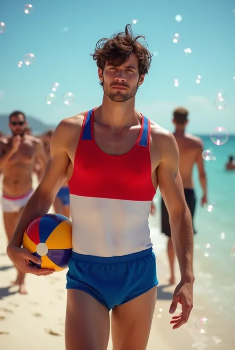 A handsome 27-year-old tall white young man in a mens fashion show on the beach shore wearing a de bandera paraguay swimsuit with a beach ball in his hand. Many people applaud him and bubbles are around him. Tight boxer shorts in the colors De paraguay roj...