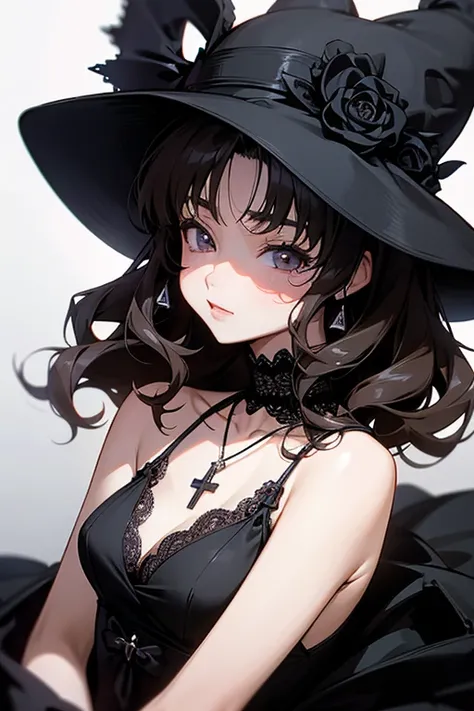 Akina Nakamori、Black lace dress、Age 25、Beautiful woman、sexy、Necklace with a white cross on the chest、Gothic style、Miniature tiny hat、Sharp and cute、Beautiful woman、(Shoulder Bare).