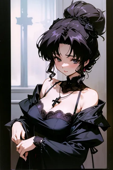 Akina Nakamori、Black lace dress、Age 25、Beautiful woman、sexy、Necklace with a white cross on the chest、Gothic style、Miniature tiny hat、Sharp and cute、Beautiful woman、(Shoulder Bare).