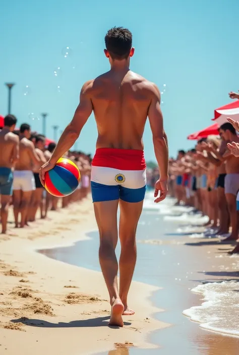 A handsome 27-year-old tall white young man in a mens fashion show on the beach shore wearing a de bandera paraguay swimsuit with a beach ball in his hand. Many people applaud him and bubbles are around him. Tight boxer shorts in the colors De paraguay roj...