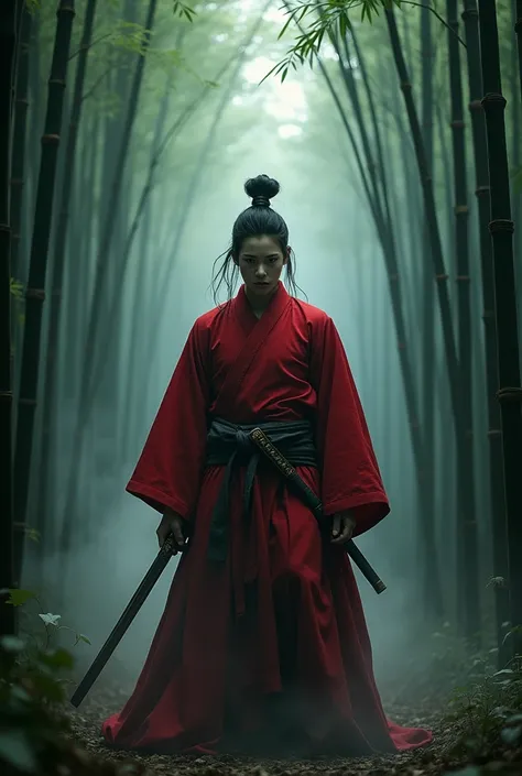 A Japanese samurai in red armor in a bamboo forest, He is holding his sword horizontally, gathering power, A mysterious atmosphere with mist hanging in the air,The samurai is a 25-year-old man with an androgynous face,A black aura can be seen around the sa...