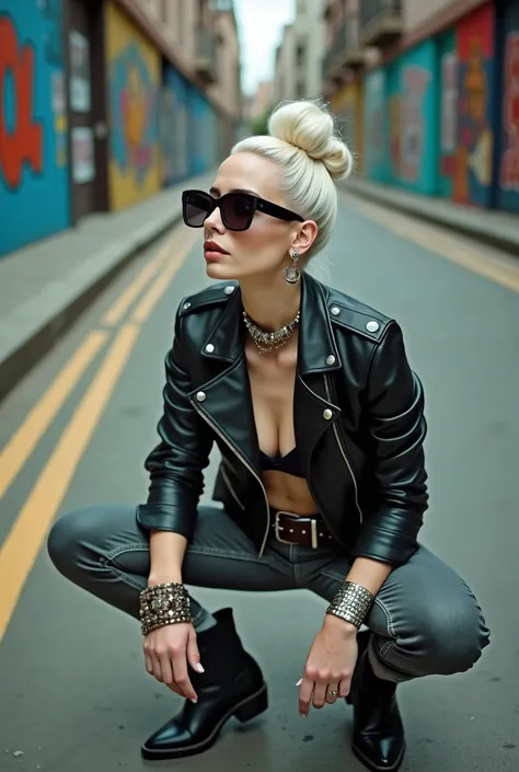 russian milf woman, platinum blonde hair (huge top bun) and sunglasses as headband (oversize, big maxi glasses), with very light blue eyes, extremely pale. Wearing cropped black moto jacket, black bra, dark grey jeans and pointy Chelsea boots with cuban he...