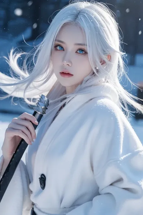 Women, white hair , long, blue eyes, , demon slayer style, pretty, hashira, dynamic pose, snow breathing, holding a katana.