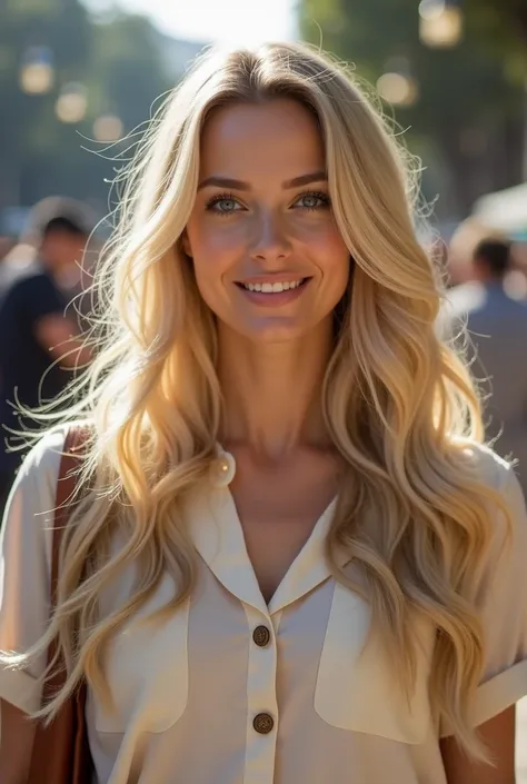 dressed in a black buttoned dress, carries a brown handbag, see the entire body of the woman from head to toe