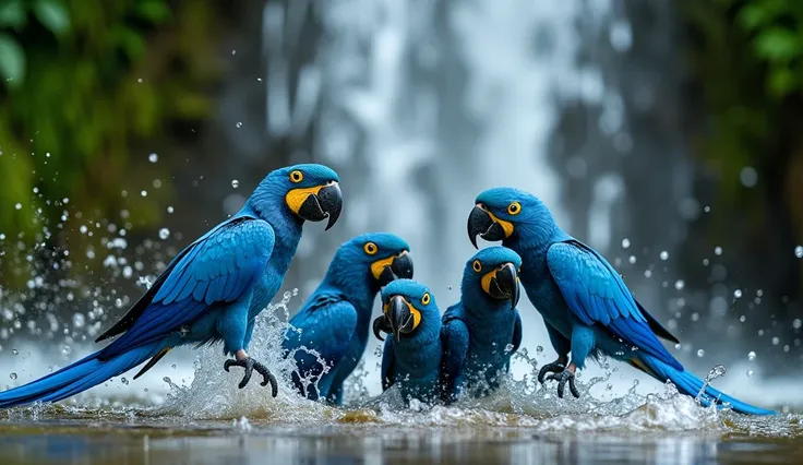 group of hyacinth macaw, bathing in the waterfall, it has plumage that alternates shades of blue: Head and neck: dark navy blue Belly: faded blue Wings and tail: cobalt blue Around the eyes: light yellow ring.