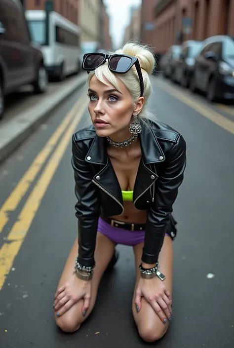 russian milf woman, platinum blonde hair (huge top bun) and sunglasses as headband big maxi glasses), with very light blue eyes, extremely pale. Wearing cropped black moto jacket, neon purple bra and pointy Chelsea boots with cuban heels . Lots of metallic...