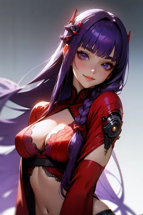 1 person, Blunt bangs, Braiding, Wide sleeves, hair ornaments,Obi says, (Purple Hair:1.2), Very long hair, Straight hair, Looking at the audience, Highly detailed background, (Realistic:1.2), Beautiful Eyes, Red eyeshadow, thigh, (Urzan-6500:0.7), Upper Bo...