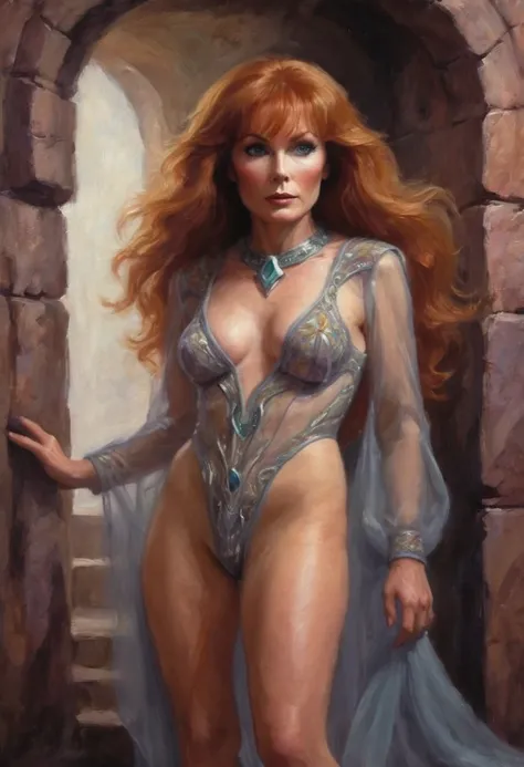 Beverly Crusher, elf maiden, (sheer colorful embroidered lingerie no underwear) entranced, entering a mystic chamber with demons crawling up the walls, viewed from low angle, butt focus