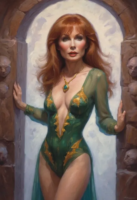 Beverly Crusher, elf maiden, (sheer colorful embroidered lingerie no underwear) entranced, entering a mystic chamber with demons crawling up the walls, viewed from low angle, butt focus