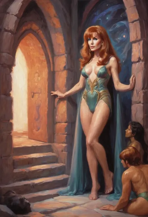 Beverly Crusher, elf maiden, (sheer colorful embroidered lingerie no underwear) entranced, entering a mystic chamber with demons crawling up the walls, viewed from low angle, butt focus