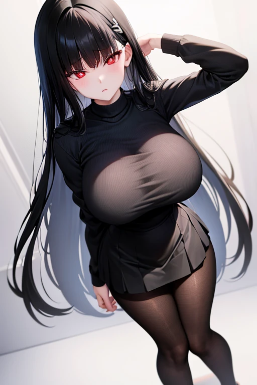 big breasts、black hair、white vertical knit、black tight skirt、black pantyhose、red eye、long, slender legs、high resolution、masterpi...