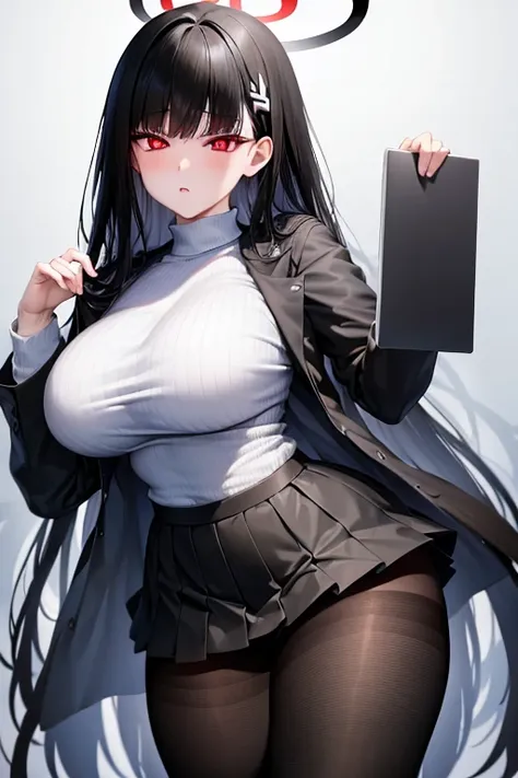 big breasts、black hair、white vertical knit、black tight skirt、black pantyhose、red eye、long, slender legs、high resolution、masterpi...