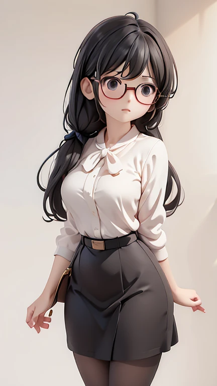 30-year-old woman、female teacher、Glasses、Black Hair,、Perm、Long Hair、Casual wear、Formal look、sweater、Dress shirt、Clothing patterns、Clothing Design、whole body、 