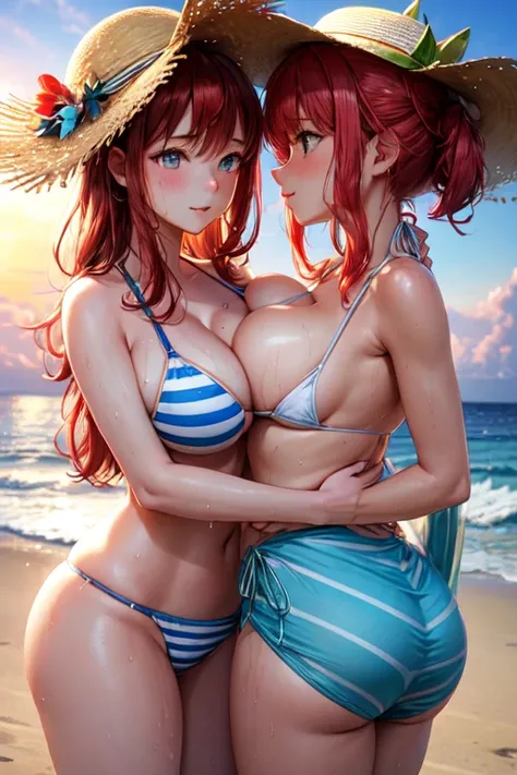 An 18-year-old red-haired lesbian girl on the beach with wet hair and body behind her has a vast ocean, her breasts are so big they are even coming out of the striped bikini after the broth she took and she wears a beach hat to match everything.. She and h...