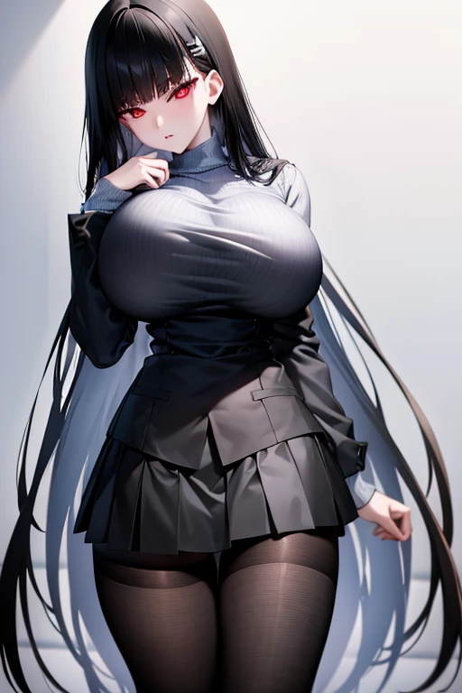 big breasts、black hair、white vertical knit、black tight skirt、black pantyhose、red eye、long, slender legs、high resolution、masterpi...