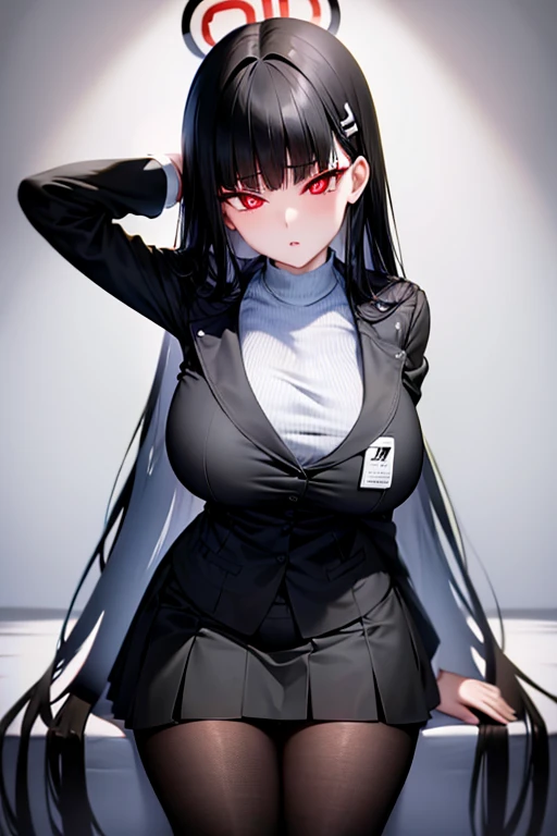 big breasts、black hair、white vertical knit、black tight skirt、black pantyhose、red eye、long, slender legs、high resolution、masterpi...