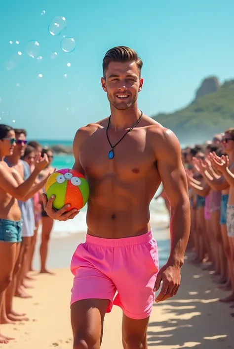 young, beautiful, elegant, white, skinny, elegant shirtless face standing, ,Shirtless man wearing pink swim trunks at the beach holding a beach ball in his hand under his armpit while a large crowd applauds him and celebrates with bubble guns around him du...