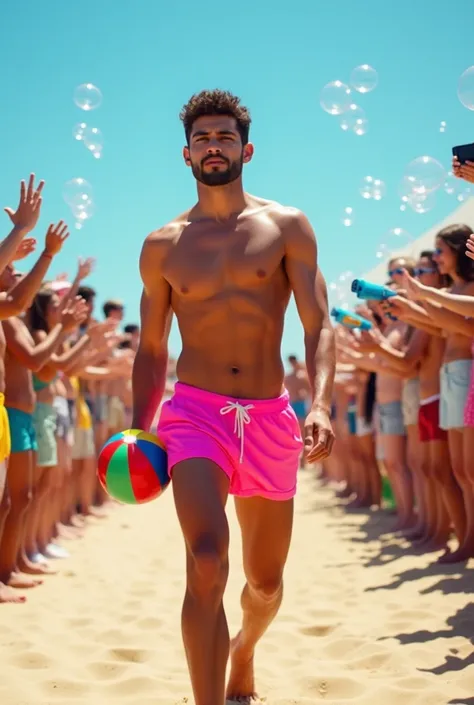 young, beautiful, elegant, white, skinny, elegant shirtless face standing, ,Shirtless man wearing pink swim trunks at the beach holding a beach ball in his hand under his armpit while a large crowd applauds him and celebrates with bubble guns around him du...