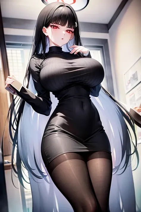 big breasts、black hair、vertical knitwear、black pantyhose、red eye、long, slender legs、high resolution、masterpiece、highest quality、...