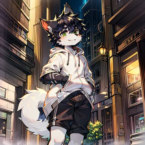 Teenage uncensored， Short gray hair， hor ears， lowerbody， downtown area， hairy pubic， coyote， Big fluffy tail， tmasterpiece， High-quality portraits， human - shaped， Lonely youth style， lewd poses， full-shot， Wolf type， White hoodies， Black  shorts， Super h...