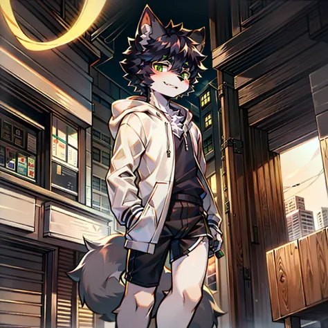 Teenage uncensored， Short gray hair， hor ears， lowerbody， downtown area， hairy pubic， coyote， Big fluffy tail， tmasterpiece， High-quality portraits， human - shaped， Lonely youth style， lewd poses， full-shot， Wolf type， White hoodies， Black  shorts， Super h...