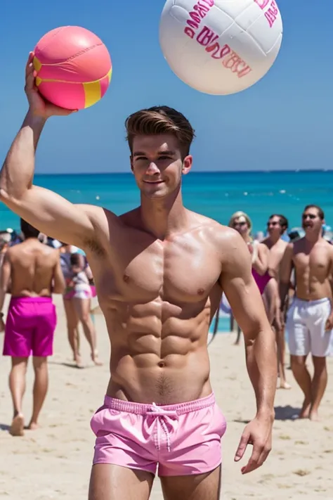 young, beautiful, elegant, white, skinny, elegant shirtless face standing, ,Shirtless man wearing pink swim trunks at the beach holding a beach ball in his hand under his armpit while a large crowd applauds him and celebrates with bubble guns around him du...