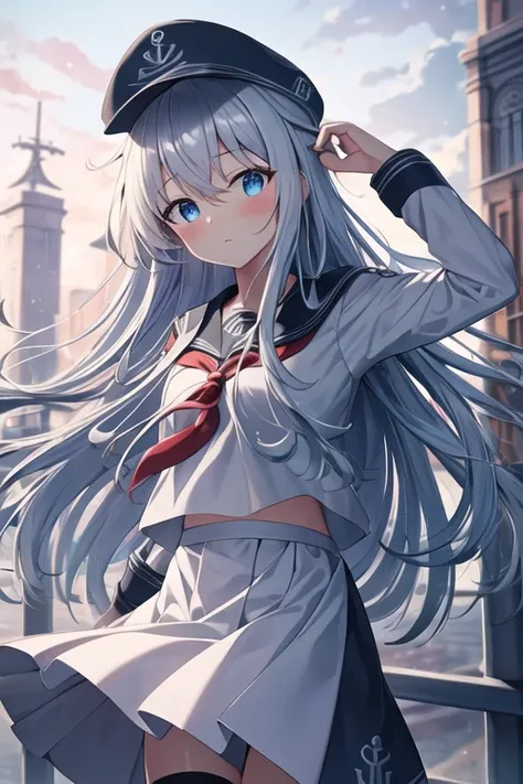 (masterpiece), highly detailed, best quality, (high resolution), 8k, 1girl, solo, long_hair, blue_eyes, blush, hair_between_eyes, serafuku, grey_hair, hat, white_hair, anchor_symbol,