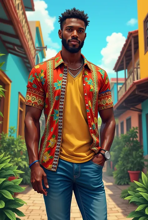 Create a non-realistic drawing of a tall, strong, black, religious Brazilian man in smart casual clothing, well-educated, middle class, extroverted with brown eyes. 
