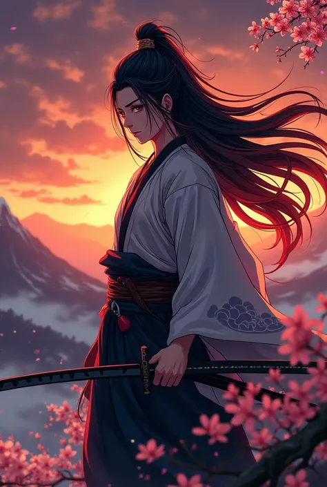 Can you generate a Man Samurai in Anime, Long Dark and Red hair, No armor just Haori