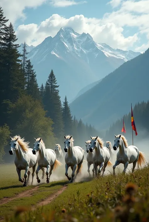 7 white horse running Right to left side and nepali flag, green forest and mountain at background 