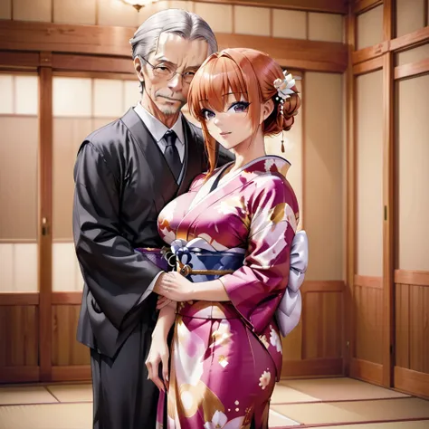 ((Highest quality)), ((masterpiece)), (detailed), （Perfect Face）、The woman is Maya Cordelia, with medium-long orange hair, a gorgeous and glittering kimono, her hair tied in a Japanese style, and an engagement ring.、A woman is wearing a formal kimono in a ...