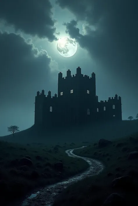 Wuthering heights house... Dark moors... Dark clouds... Full moon... Night... Raining.. And wind