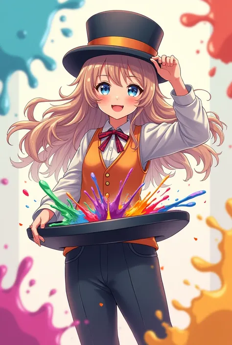 A girl with long wavy hair in a magician outfit with pants, tilting/holding a top hat in front of our perspective. Several colorful splashes of paint are coming out of the top hat, like confetti. ( make the images with anime style drawing) 