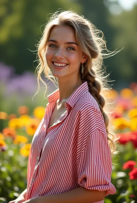 young beautiful woman, ela veste uma larga camisa social vermelha com listras whites horizontais, braided hair, charming expression, in a garden , white, Norwegian

-not pale skin-