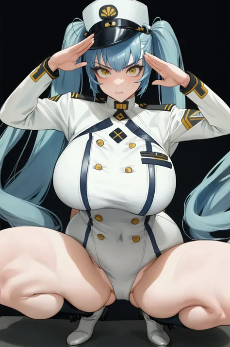 (privacy),(Light blue hair)、(Long twin tails)、(White tight military uniform),(White military cap)、(True to prompts)、(salute)、(Squat)、(Spread your legs)、(Glaring with sharp eyes)、(Super big breasts),(Busy Street)、(Many people々々々々々々々々々々々々)、(sunny)、(blue sky)...