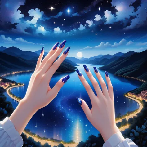 A close-up shot of a hand with manicured nails，The nails are painted with a starry sky design，The details are meticulously crafted，Presenting the beautiful sight of the starry river in the night sky。Perfect fingers，Perfect composition,