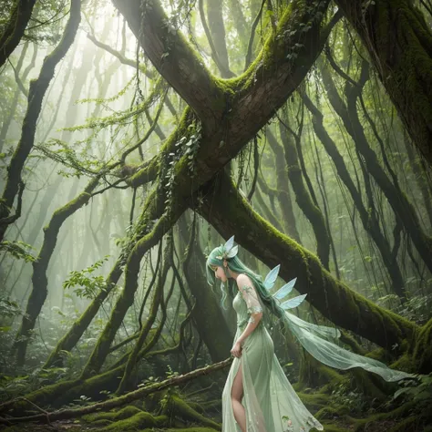 Back view description、"A Leaf Fairy, a mystical creature connected deeply with nature and the wind. She has flowing green hair, delicate wings resembling leaves and flowers, and eyes that exude the vitality of nature. Though she appears to be in her early ...