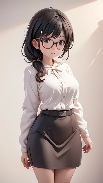 30-year-old woman、female teacher、Glasses、Black Hair,、Perm、Long Hair、Casual wear、Formal look、sweater、Dress shirt、Clothing patterns、Clothing Design、Tight skirt、whole body、 